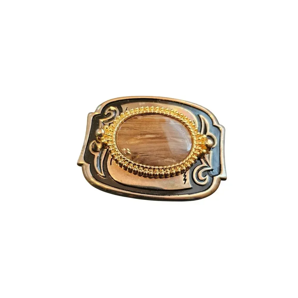 Vintage Embossed‎ Solid Metal Gold Tone Belt Buckle with stone